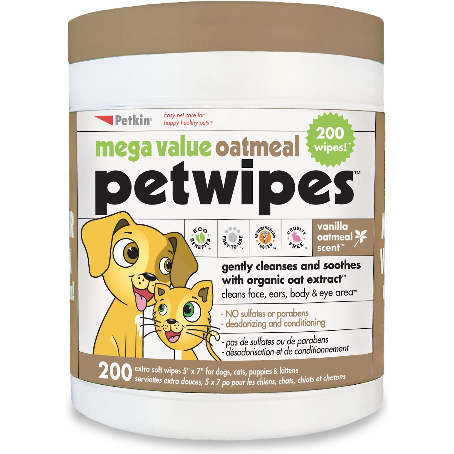Petkin Mega Value Oatmeal Petwipes Dog & Cat Wipes, 200 count