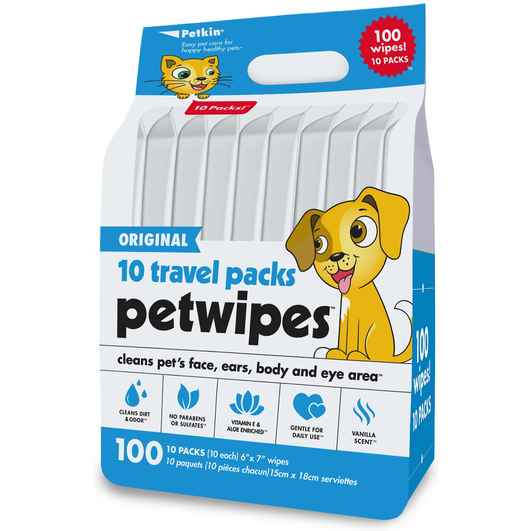 Petkin Original Travel Pack Vanilla Scented Dog & Cat Wipes, 100 count