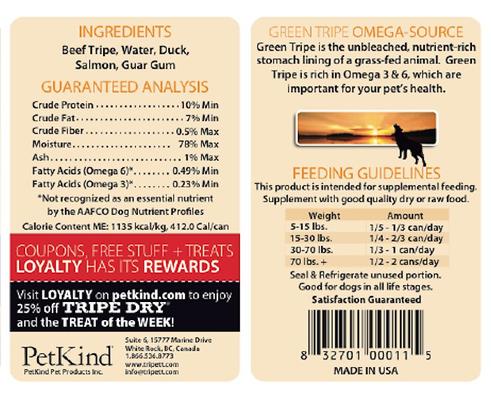 Show full view: PetKind Tripett Green Beef Tripe, Duck & Salmon Grain-Free Canned Dog Food, 12.8-oz, case of 12 slide 4 of 11