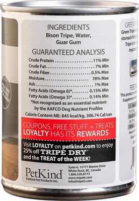 Show full view: PetKind Tripett Green Bison Tripe Grain-Free Canned Dog Food, 12.8-oz can, case of 12 slide 3 of 10
