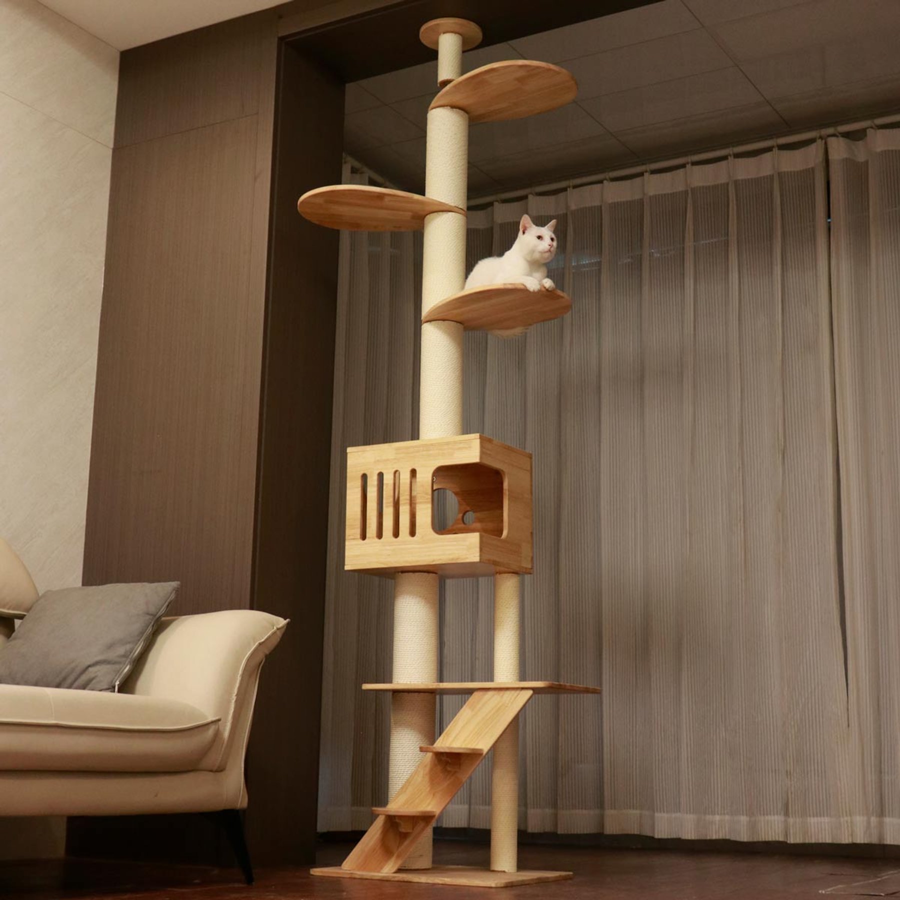 PETOMG Durable Rubberwood Stable & Safe for Multi Homes 94.1-in Hemp Floor-to-Ceiling Cat Tree, Brown