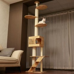PETOMG Durable Rubberwood Stable & Safe for Multi Homes 98-in Hemp Floor-to-Ceiling Cat Tree, Brown