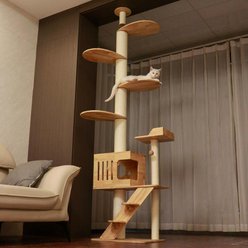 PETOMG Solid Rubberwood Build Long-Lasting Style & Strength 92.9-in Hemp Floor to Ceiling Cat-Tree, Brown