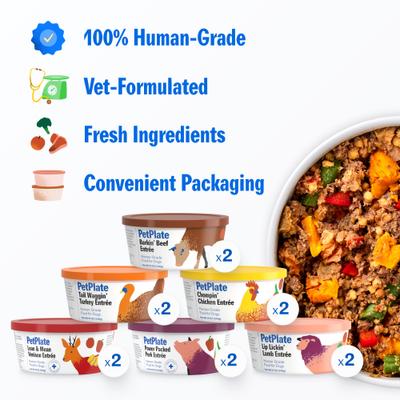 Show full view: PetPlate Human Grade Variety Pack Beef, Chicken, Lamb, Pork, Turkey & Venison Fresh Dog Food, 12-oz cup, case of 12 slide 3 of 11