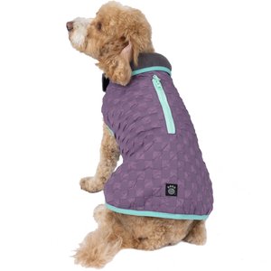 PetRageous Designs Luna Peak Buffalo Check Textured Dog Parka, Plumb/Aqua, Medium