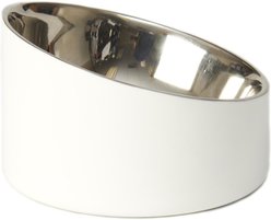 PetRageous Designs Seychelles Stainless-Steel Slanted Double Walled Dog & Cat Bowl, White & Metallic, Medium: 1.88-cup