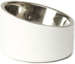 PetRageous Designs Seychelles Stainless-Steel Slanted Double Walled Dog & Cat Bowl, White & Metallic, Small: 1-cup