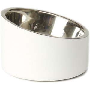 PetRageous Designs Seychelles Stainless-Steel Slanted Double Walled Dog & Cat Bowl, White & Metallic, Small: 1-cup