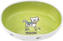PetRageous Designs Silly Kitty Oval Ceramic Cat Bowl, White & Lime Green, 2-cup