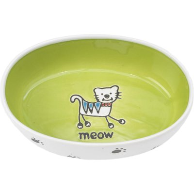 PetRageous Designs PetRageous Designs Silly Kitty Oval Ceramic Cat Bowl, White & Lime Green, 2-cup