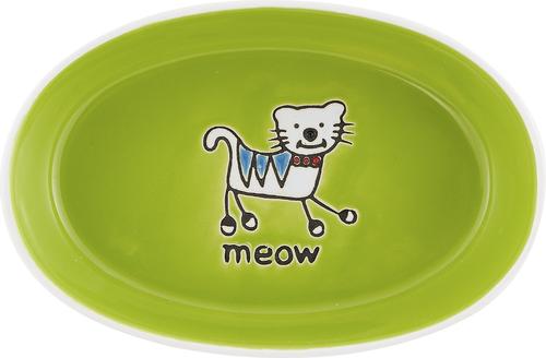 Show full view: PetRageous Designs Silly Kitty Oval Ceramic Cat Bowl, White & Lime Green, 2-cup slide 4 of 6