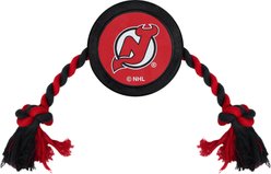 Pets First Hockey Puck Tough Squeaky Dog Chew Toy, New Jersey Devils