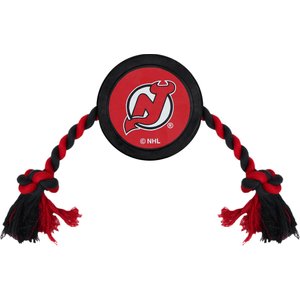 Pets First Hockey Puck Tough Squeaky Dog Chew Toy, New Jersey Devils