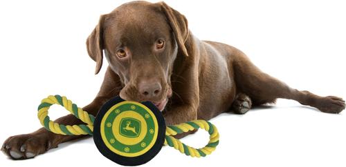 Show full view: Pets First John Deere Plush Tire Tough Squeaky Dog Chew Toy with Rope slide 3 of 6