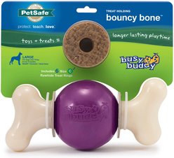 PetSafe Busy Buddy Bouncy Bone Treat Dispenser Tough Dog Chew Toy, Large, Purple