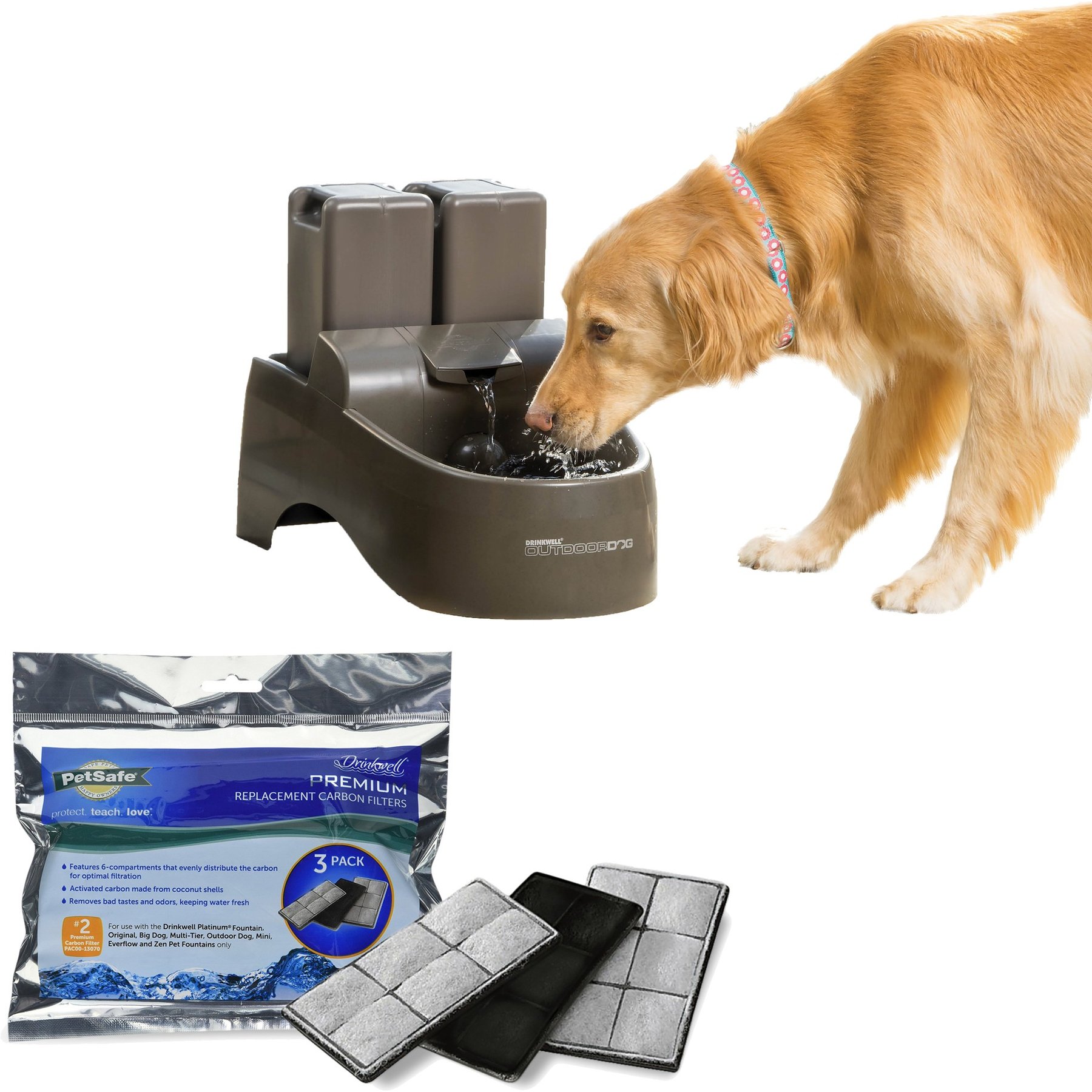 PetSafe Drinkwell Outdoor Plastic Dog & Cat Fountain, 450-oz + Premium Replacement Carbon Filters, 3 count