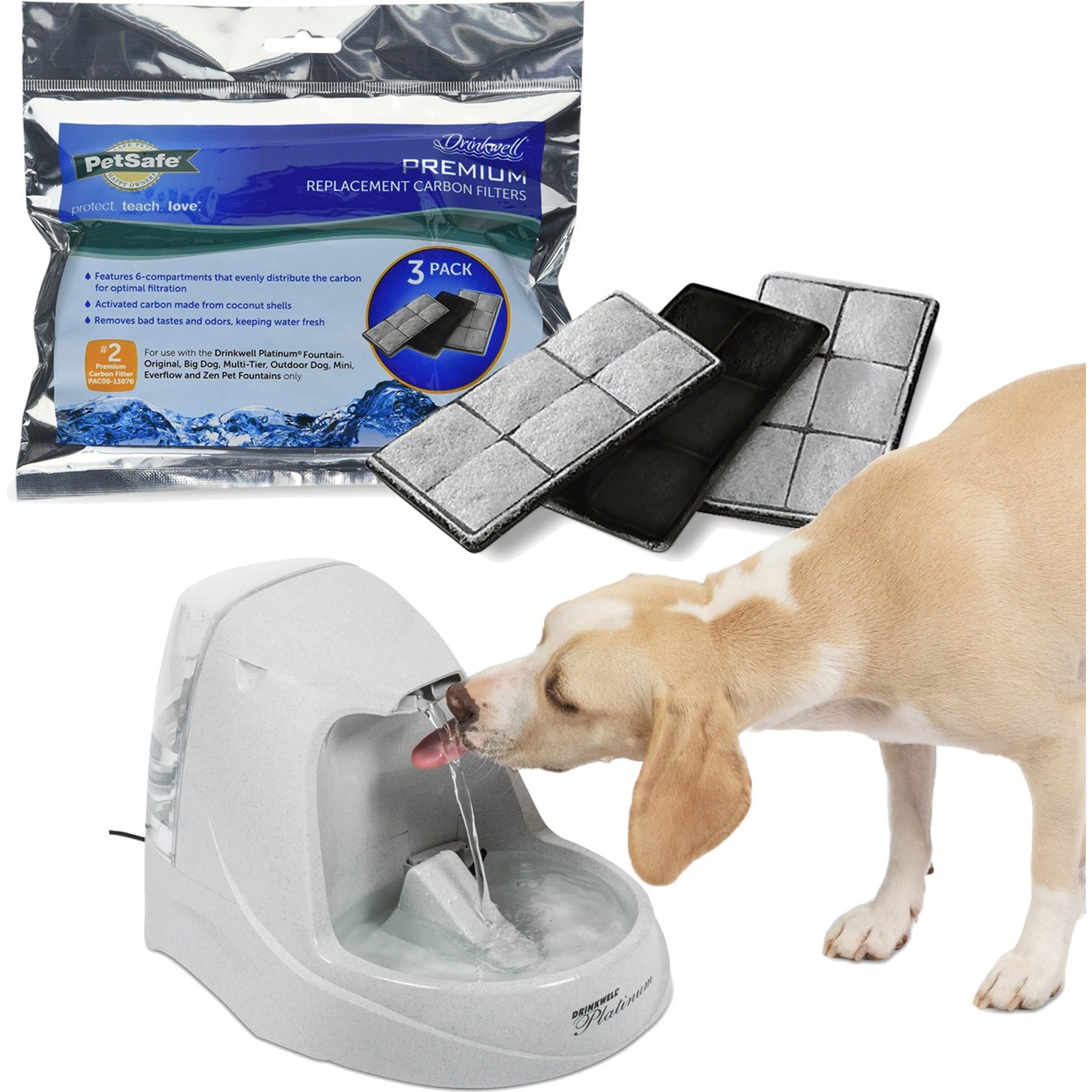 PetSafe Drinkwell Platinum Plastic Dog & Cat Fountain, 168-oz + Premium Replacement Carbon Filters, 3 count