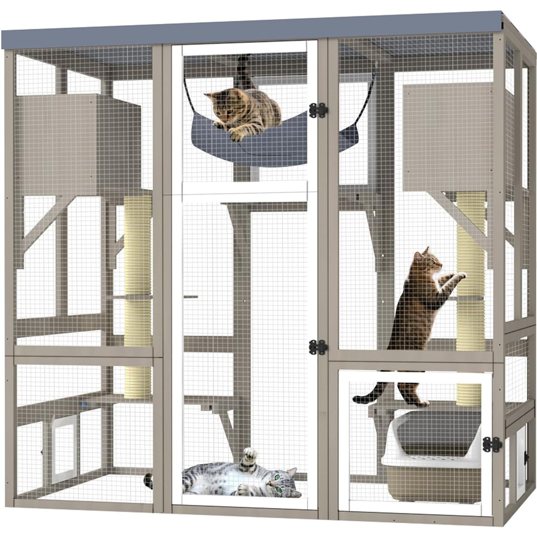 Petscosset 4-Level Wood Outdoor Window-Connectable Cat House with Lockable Doors, 61.4 x 34 x 57.5-in