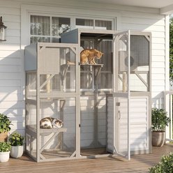 Petscosset Outdoor Cat Enclosure Large Walk-in Cat House with Storage Cabinet, Gray, 65 x29.5 x 67.1-in