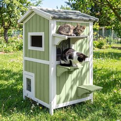 Petscosset Outdoor Wooden Two-Story Cat House with Openable Roof, Green, 27.3 x 23.5 x 37.8-in