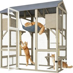 Petscosset Wooden Outdoor Cat house with 2 Scratching Posts & Platform, Grey, 61.4 x 33.9 x 66.5-in