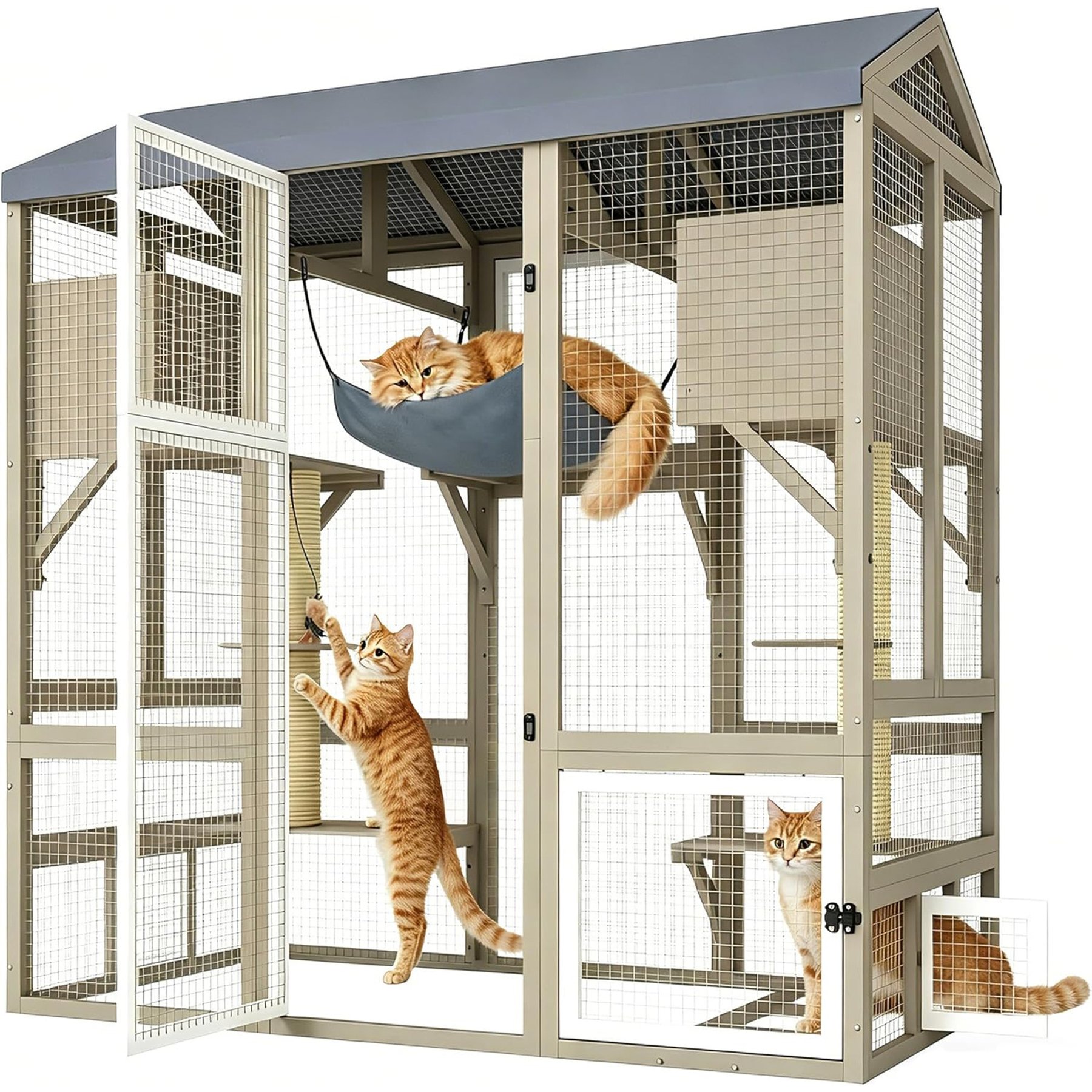 Petscosset Wooden Outdoor Cat house with 2 Scratching Posts & Platform, Grey, 61.4 x 33.9 x 66.5-in