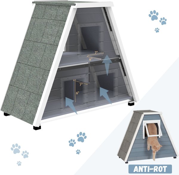 Show full view: Petsfit 3 Door Insulated Wooden Outdoor Cat House, Grey slide 4 of 8
