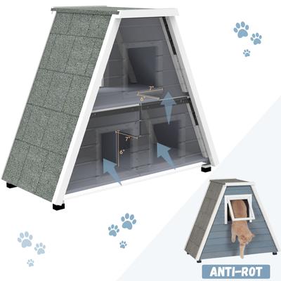 Show full view: Petsfit 3 Door Insulated Wooden Outdoor Cat House, Grey slide 5 of 9
