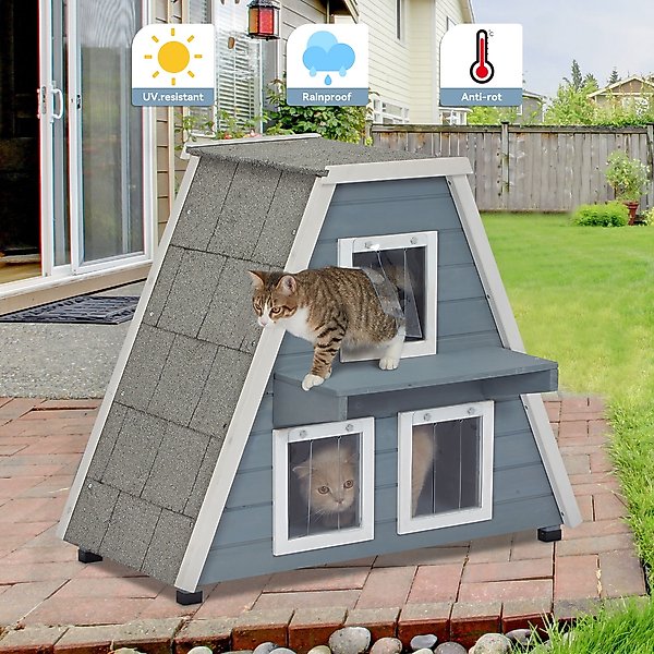 Show full view: Petsfit 3 Door Insulated Wooden Outdoor Cat House, Grey slide 5 of 8