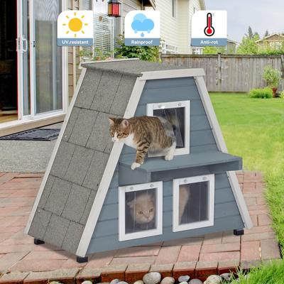 Show full view: Petsfit 3 Door Insulated Wooden Outdoor Cat House, Grey slide 6 of 9