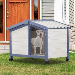 Petsfit Adjustable Foot Mat & Door Flap Wooden Outdoor Dog House, White, Small: 33-in