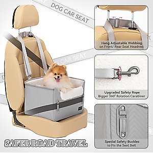 Petsfit Dog Car Booster Seat with Clip-On Leash & Adjustable Straps, Medium, Gray