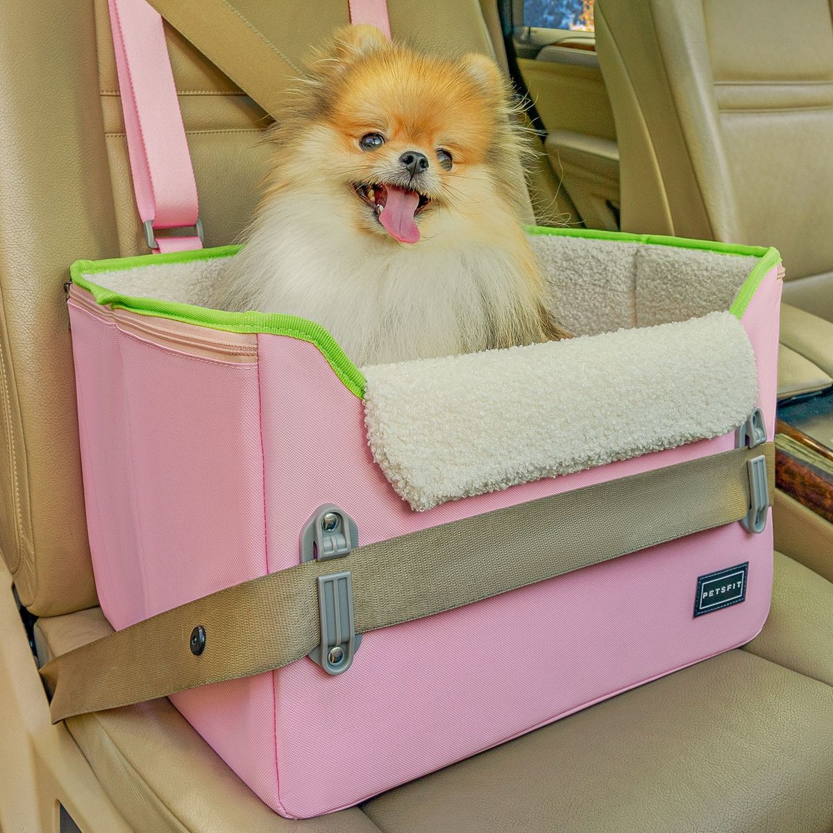 Petsfit Dog Car Booster Seat with Clip-On Leash & Adjustable Straps, Medium, Pink