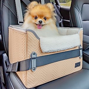 Petsfit Small Dog Car Booster Seat with Clip-On Leash & Adjustable Straps, Medium, Khaki