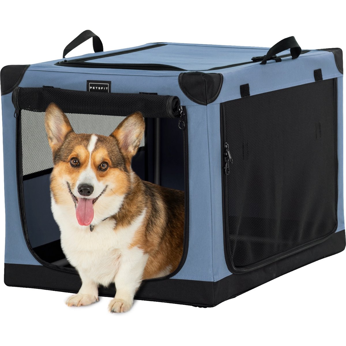 Petsfit Soft Sided 3-Door Collapsible Dog Crate, Blue, Medium