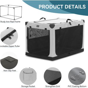 Petsfit Soft Sided 3-Door Collapsible Dog Crate, Grey, Large