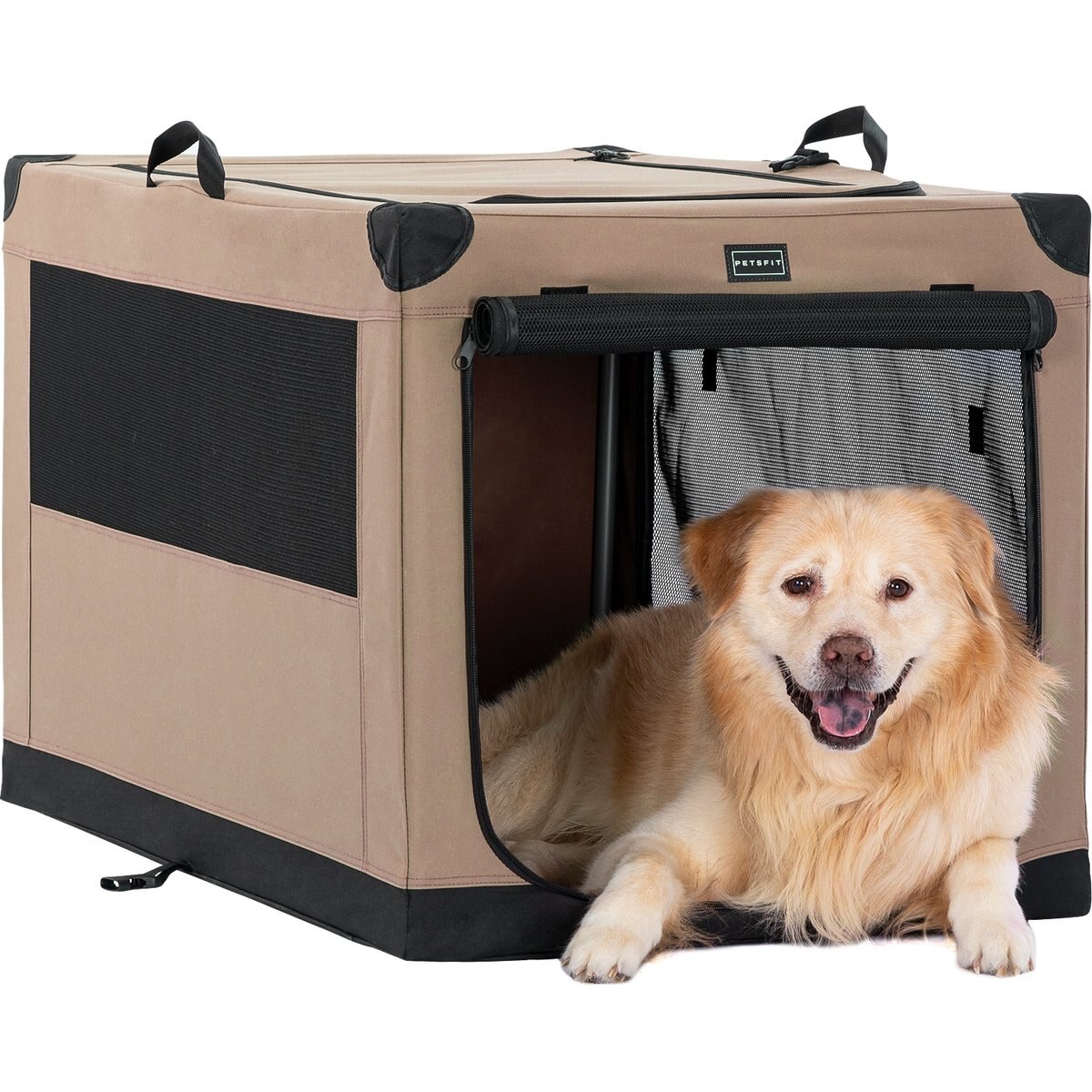Petsfit Soft Sided 3-Door Collapsible Dog Crate, Khaki, Large