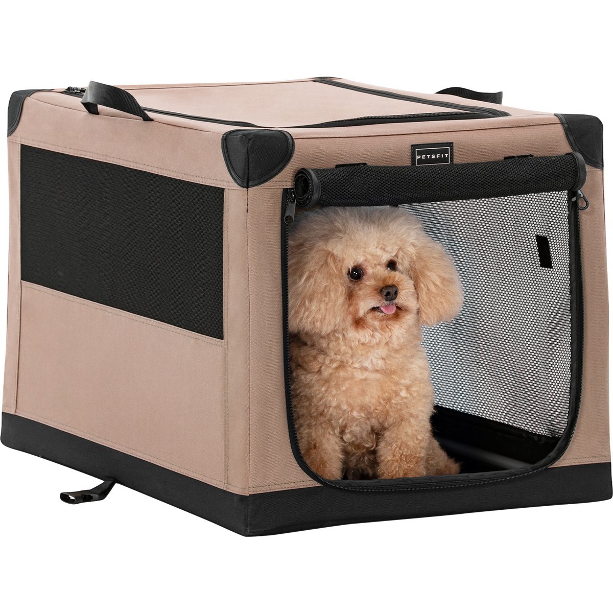 Petsfit Soft Sided 3-Door Collapsible Dog Crate, Khaki, Small