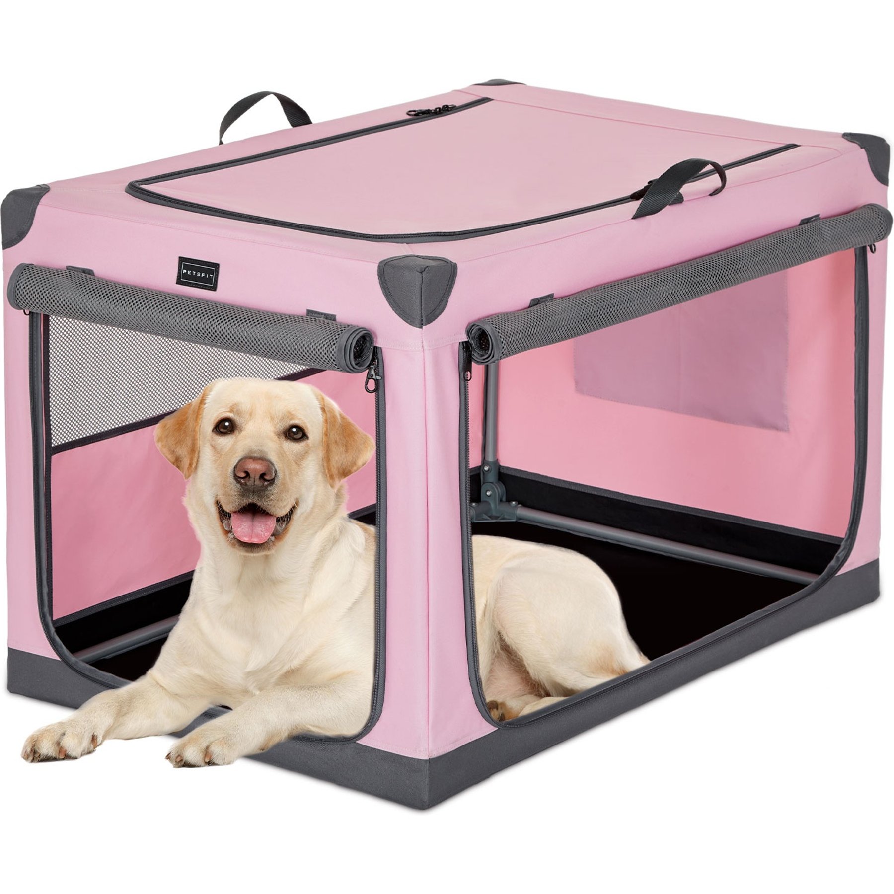 Petsfit Soft Sided 3-Door Collapsible Dog Crate, Pink, Large
