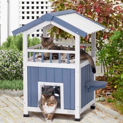Show full view: Petsfit Two Level Wooden Outdoor Cat House, Blue slide 7 of 10