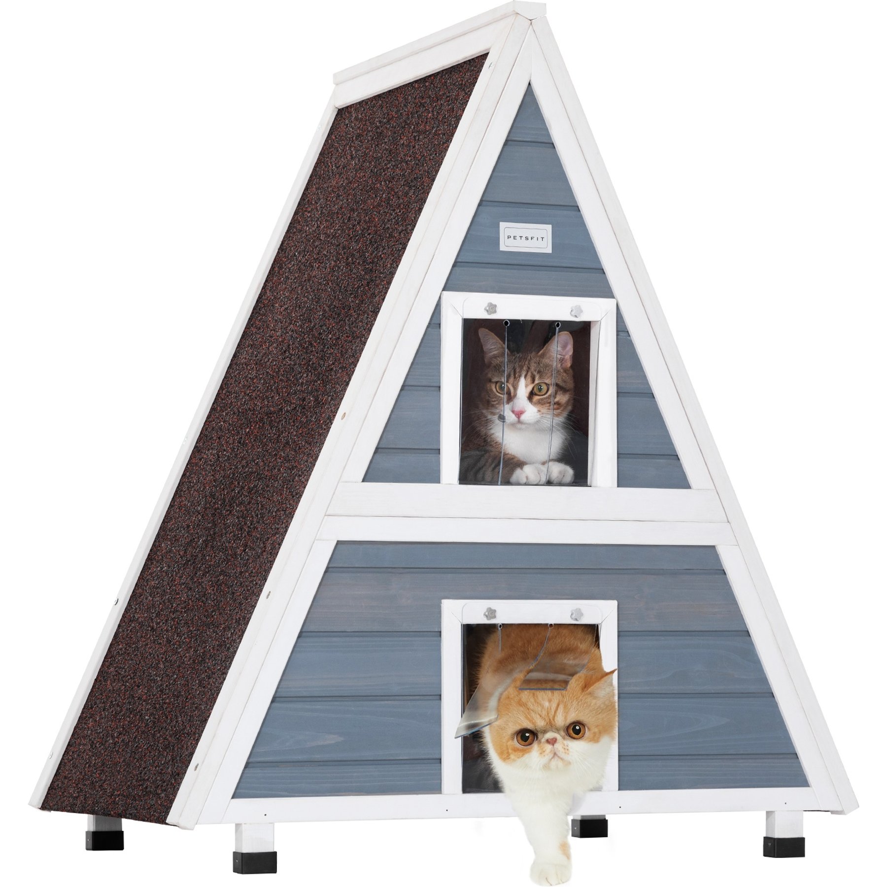 Petsfit Two Level Wooden Outdoor Cat House with Escape Door, Grey