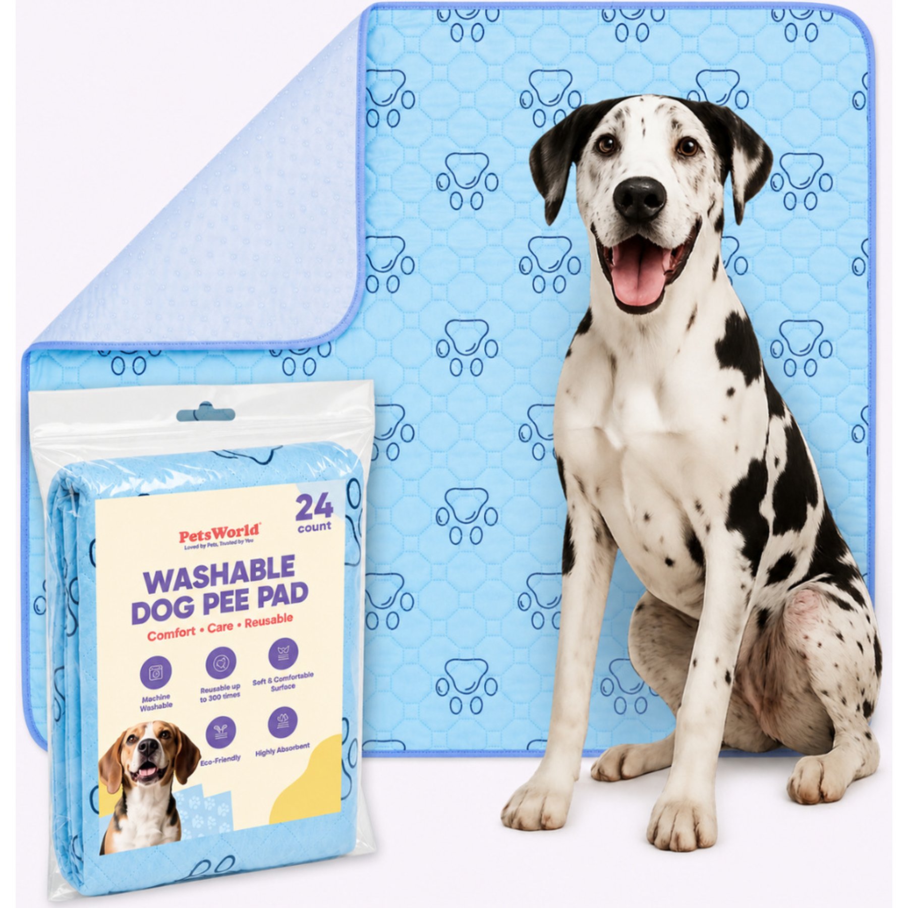 PetsWorld Washable Dog Potty Pads, Blue, 34 x 36-in, 24 count