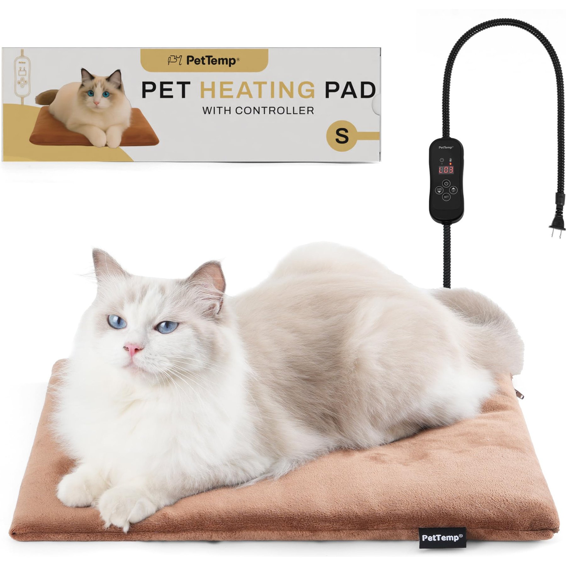 PetTemp Heating Blanket Dog, Cat & Small Animal Pad with Temperature Control, Brown, Small
