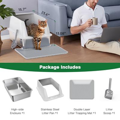 Show full view: Petterm Stainless Steel Cat Litter Box with Scoop & Mat, White, X-Large slide 6 of 9
