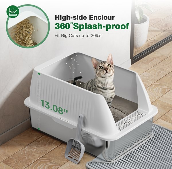 Petterm Stainless Steel Cat Litter Box with Scoop & Mat, 23.6 x 13.1 x 15.7-in