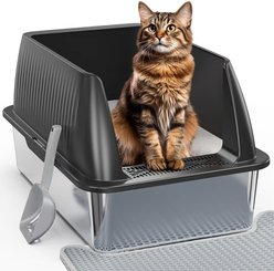 Petterm Stainless Steel Cat Litter Box with Scoop & Mat, Black, 23.6 x 13.1 x 15.7-in