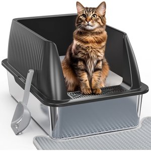Petterm Stainless Steel Cat Litter Box with Scoop & Mat, Black, 23.6 x 13.1 x 15.7-in