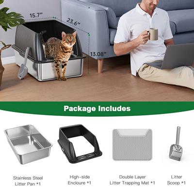 Show full view: Petterm Stainless Steel Cat Litter Box with Scoop & Mat, Black, X-Large slide 6 of 6