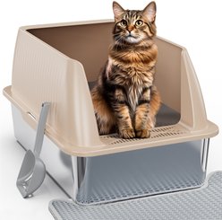 Petterm Stainless Steel Cat Litter Box with Scoop & Mat, Khaki, 23.6 x 13.1 x 15.7-in