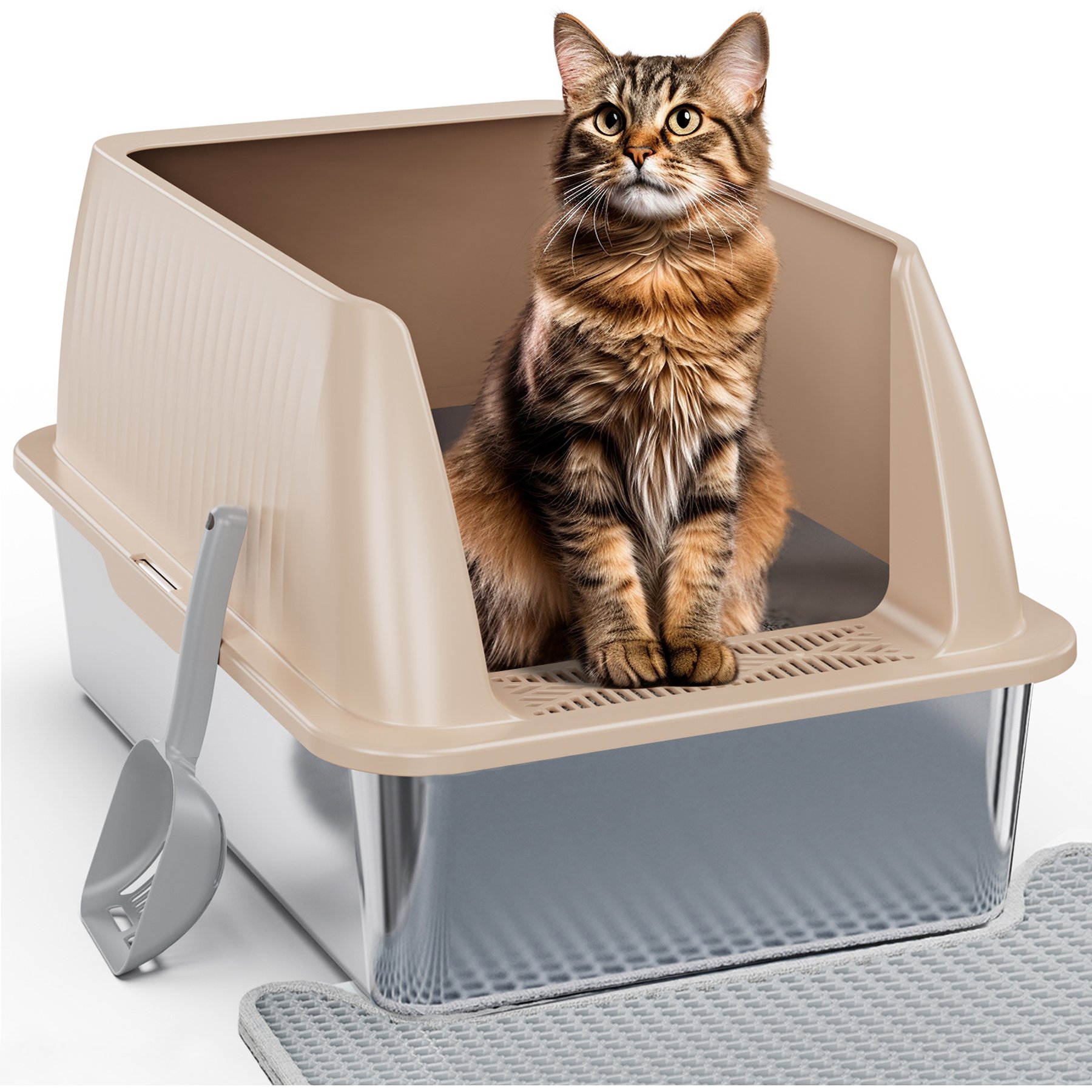 Pawward Stainless Steel Cat Litter Box with Scoop & Mat, Khaki, 23.6 x 13.1 x 15.7-in